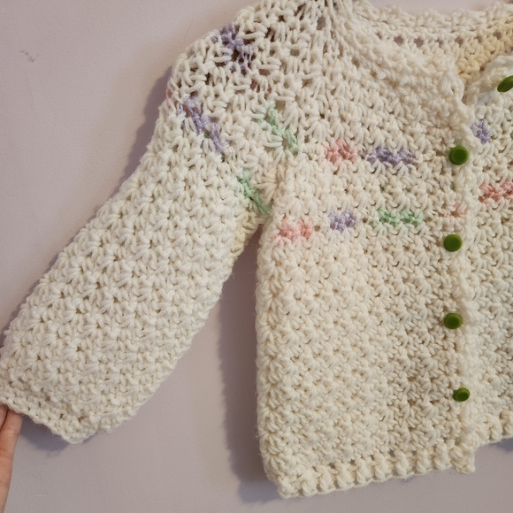 Handmade Handknitted Little Girls Pastel Button Cardigan Sweater - Picture 4 of 12